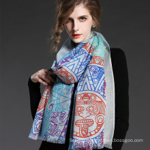 Women Wool Geometric Patterns Printed Blue Scarf